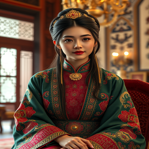 A beautiful Uyghur woman in traditional East Asian attire, intricately detailed with embroidered patterns, sitting gracefully in a richly decorated room, soft ambient lighting, serene and elegant, ultra-realistic, 8K resolution