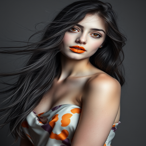 Photographic image of a beautiful young Kurdish woman, orange eyes, lips with Yellow lipstick, long hair fluttering in the wind and wearing a silk strapless dress with a soft purple and orange print. monochrome image with only color highlights in the iris of the eyes, lipstick and dress. Gray background.