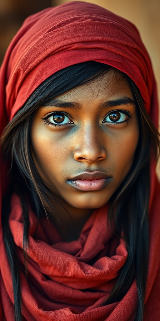 Create a portrait of a young Tuareg male with long, dark hair and captivating hazel eyes. She is wearing a red headscarf and a matching scarf draped gracefully around her neck. The background is softly blurred, focusing attention on her serene and natural expression. The overall color palette is muted and warm, enhancing the intimate and authentic feel of the portrait.
