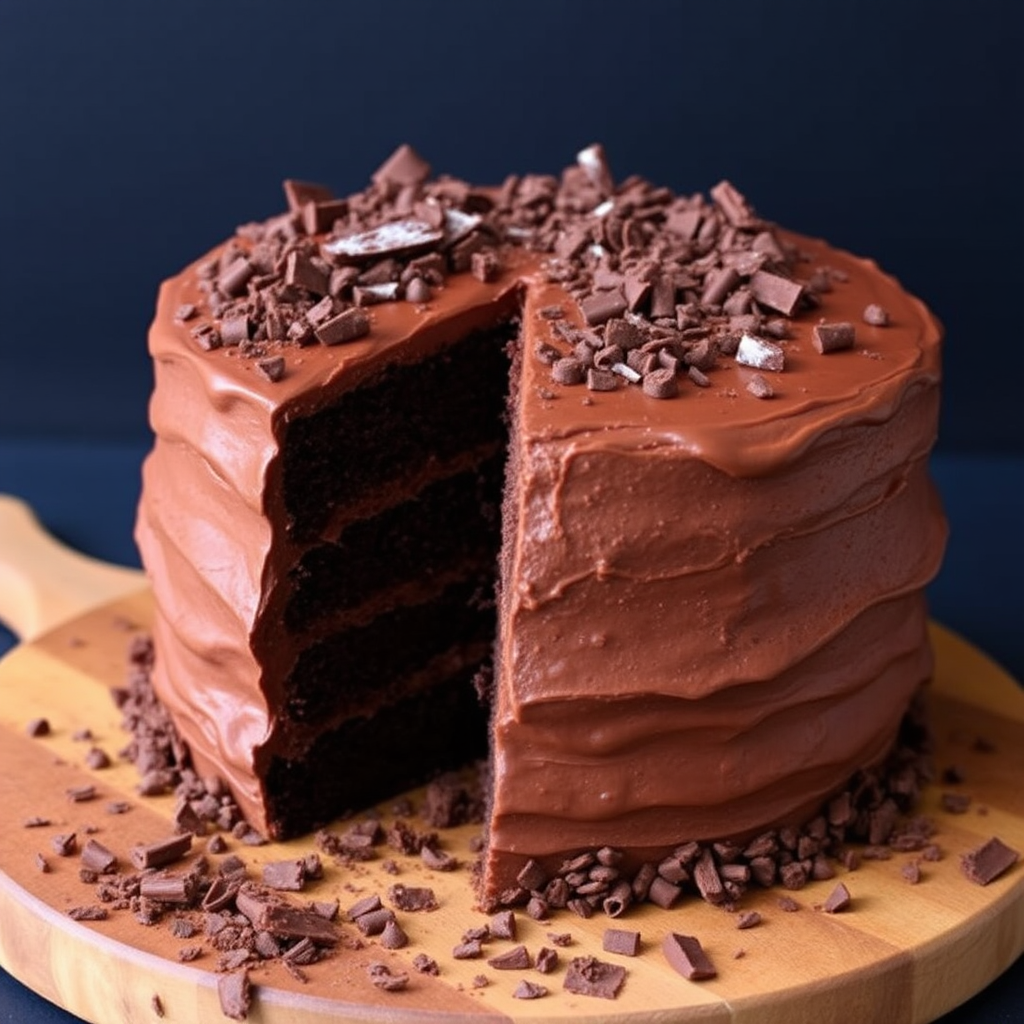 A three-layer chocolate cake with rich chocolate frosting and chocolate shavings on top, sliced to reveal its moist interior, placed on a wooden board with some chocolate shavings scattered around, against a dark background.