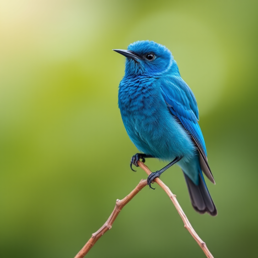 Regenerate the image of a vibrant blue bird perched on a dry branch with a blurred green background, camera settings: f/4, ISO 200, 1/200s, camera view: close-up, camera style: portrait, camera type: DSLR.