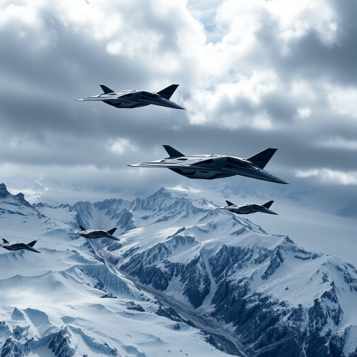 Regenerate the image of multiple futuristic stealth aircraft flying over a dramatic glacier landscape under a cloudy sky, using a Canon EOS R5, 24mm lens, f/8 aperture, ISO 100, shot at 1/2000 second for enhanced clarity and detail.