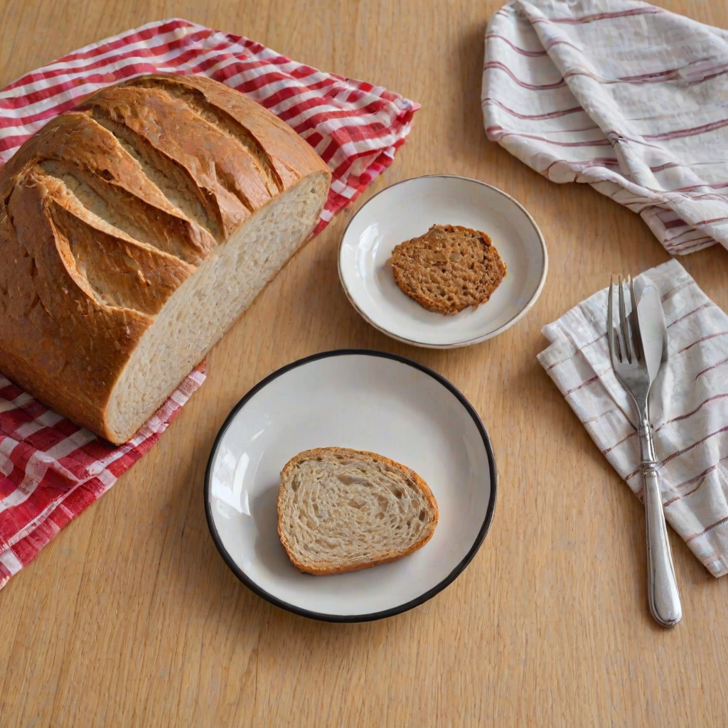 Generate an image of a freshly baked loaf of bread on a white rectangular plate. Next to it, place a slice of the bread on a round white plate with a black rim. Include a fork resting on the plate with the slice. The background should have a light-colored wooden surface and a striped red and white cloth.