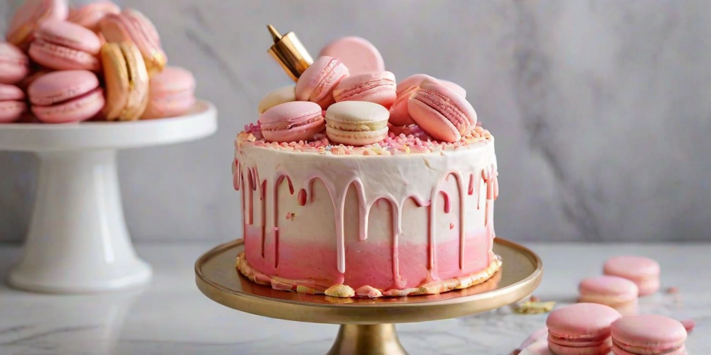 Create an image of a beautiful cake with a smooth white and pink ombre frosting. The top is adorned with various pink macarons, swirls of pink whipped cream, and decorative gold sprinkles. The cake has a glossy drip effect on the sides and is presented on a white cake stand.