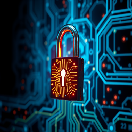 Create a high-resolution image of a digital padlock with glowing circuitry patterns set against a futuristic blue technology background, with a Canon EOS 5D Mark IV, f/8 aperture, 50mm lens, ISO 100, and a focus on vibrant colors and sharp details.