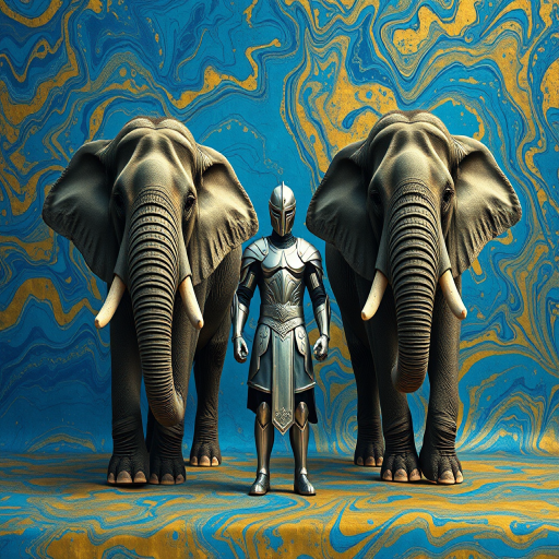 Create an image of a heroic figure in silver armor standing confidently between two majestic elephants on a vibrant abstract background of blue and gold marbling, captured with a DSLR camera at f/2.8 aperture, 1/200 sec shutter speed, ISO 100, using a wide-angle lens for a dramatic perspective.