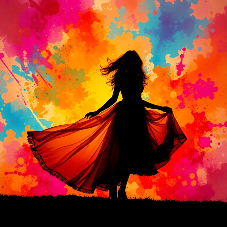Create an ethereal silhouette of a figure in a flowing dress against a vibrant, abstract background with splashes of color, using a DSLR camera with a 50mm lens, aperture set to f/1.8, ISO 200, and soft lighting for a dreamy effect.