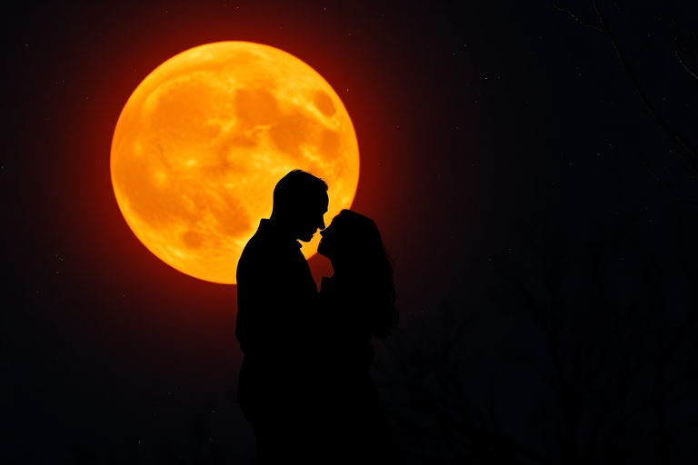 silhouette of a couple embracing in front of a large full moon, vibrant orange hue, starry night sky, tree branches in the foreground, camera settings: f/2.8, ISO 100, 1/60s, camera view: portrait, camera style: cinematic, camera type: DSLR