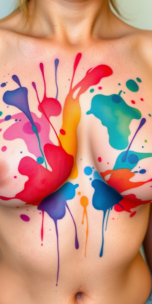 Whimsical watercolor splash tattoo covering the ribcage with abstract swirls and splatters in rainbow hues creating a playful and dynamic composition with seamless color transitions