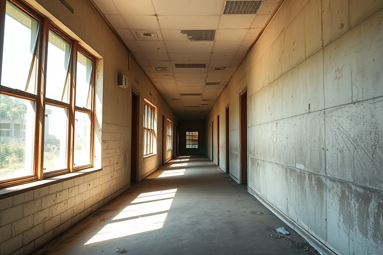 generate a high-resolution image of an abandoned corridor with soft natural light streaming through large windows, emphasizing the play of shadows and textures, captured with a Canon EOS 5D Mark IV at f/8, ISO 100, shutter speed 1/60 sec, using a wide-angle lens, in a natural style that enhances the details of the walls and floor.