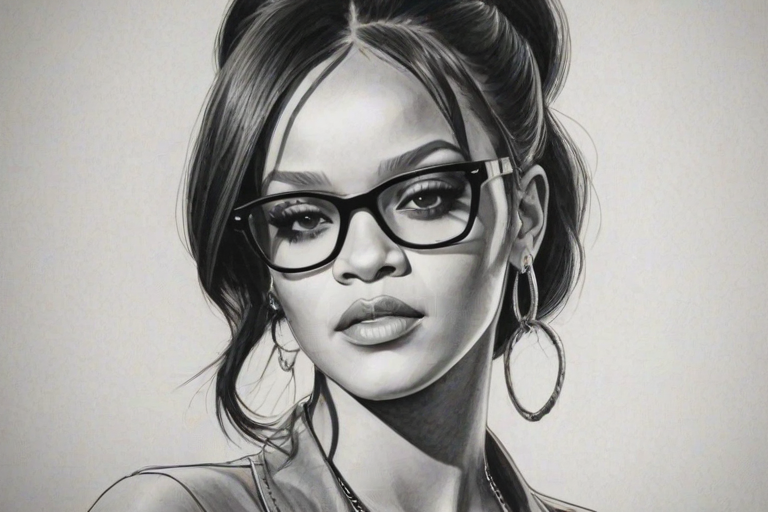 Attractive Rihanna, pencil sketch, portrait of Bewitching woman 1972s in glasses, hair style beatnik, outline, clear lines, fine lines, 8k
