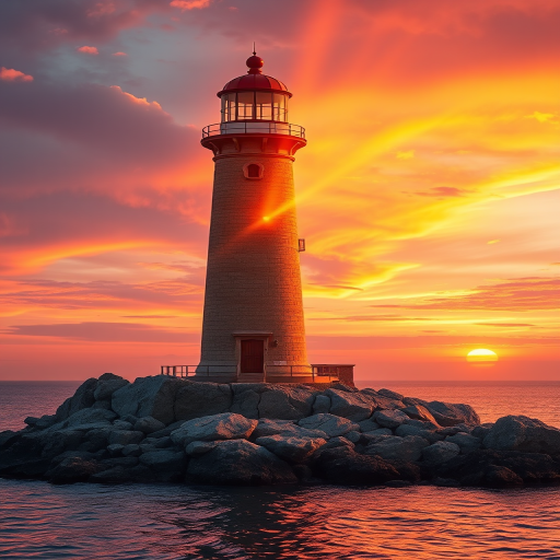 Generate an image of a tall lighthouse perched on a rocky outcrop surrounded by calm ocean waters during a breathtaking sunset. The lighthouse stands sturdy and weathered, its stone surface illuminated by the warm golden light of the setting sun. The sun's rays pass directly through the glass lantern room at the top of the lighthouse, casting a brilliant light across the scene. The sky is painted with vibrant shades of orange, pink, and purple, reflecting off the tranquil sea. The surrounding water shimmers with the same warm hues, creating a serene and majestic atmosphere.