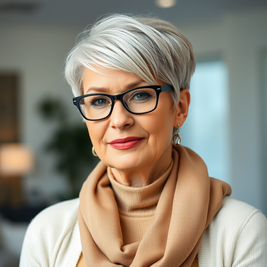 Portrait of a mature woman with short silver hair, styled in an asymmetrical pixie cut with side bangs. She wears black-framed glasses and a beige blouse with a white cardigan over it, as well as a bulky scarf in neutral tones. The woman is indoors with soft lighting and a blur in the background. Her expression is serene and confident, highlighting her elegance and modern style.