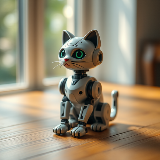 Create a high-resolution image of a small, intricately detailed robot cat sitting on a wooden table, with soft natural light coming from a nearby window, using a DSLR camera with a 50mm lens, aperture set to f/1.8, ISO 100, and a shallow depth of field for a bokeh effect in the background.