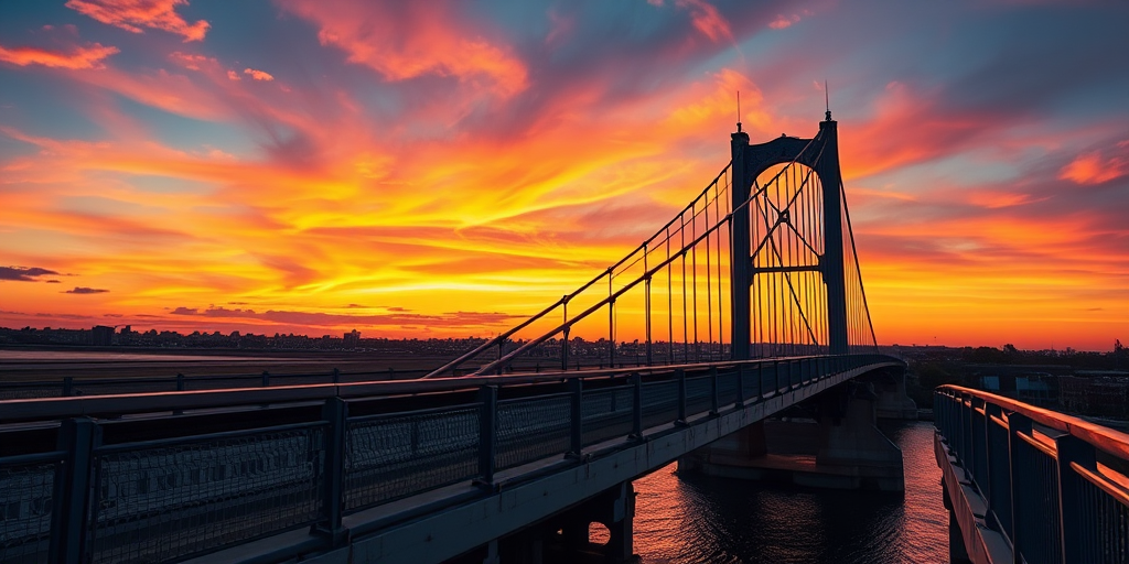 Generate a high-quality image of a bridge at sunset with a wide-angle view, using a DSLR camera with a 24mm lens at f/8, ISO 100, and a shutter speed of 1/250 seconds, capturing vibrant colors and detailed textures.