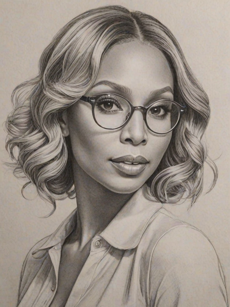 Enticing Tamar Braxton, pencil sketch, portrait of Radiant woman 1933s in glasses, hair style beatnik, outline, clear lines, fine lines, 8k