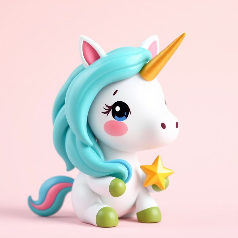 Create a high-resolution image of a cute cartoon unicorn with a turquoise mane and a golden horn, holding a star, soft pastel background, shot with a Canon EOS R5, 50mm lens, f/1.8 aperture, ISO 100, natural light, studio-style setup, vibrant colors and sharp details.