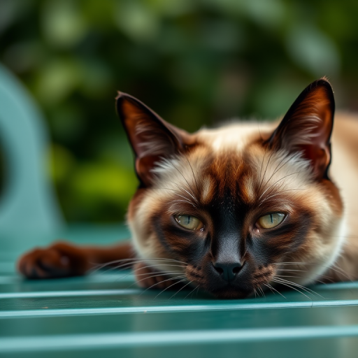 A close-up shot of a Siamese cat resting on a green table, using a DSLR camera with a 50mm f/1.8 lens, aperture set to f/2.8, ISO 200, shutter speed 1/100s, natural lighting for a soft bokeh effect.