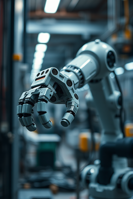regenerate a close-up industrial scene of a robotic arm in a factory setting, with high detail and clarity, use a DSLR camera with 50mm lens, aperture f/1.8, ISO 100, shutter speed 1/125s, with a shallow depth of field to focus on the robot and a blurred background for a professional look.