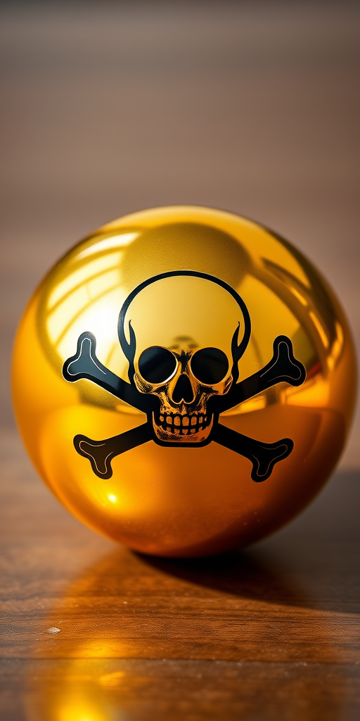 Generate a high-resolution image of a shiny gold ball with a prominent black skull and crossbones symbol in a centered view, using a DSLR camera with a 50mm lens at f/2.8, ISO 100, and 1/200s shutter speed, in soft natural lighting to enhance the details and reflections.