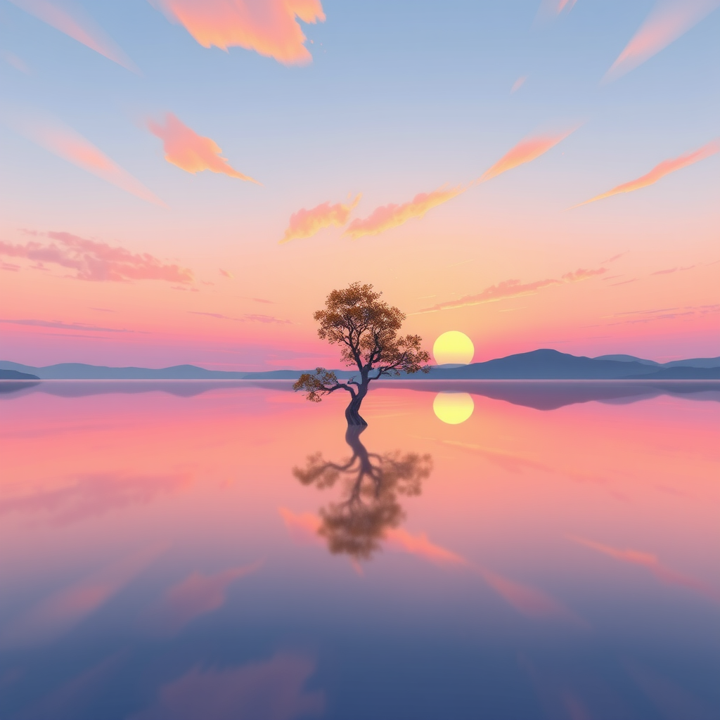 Create a serene landscape illustration featuring a lone tree reflected in calm waters at sunset, with pastel shades of pink and orange in the sky, using a high-resolution digital art technique. Camera settings: f/8, ISO 100, shutter speed 1/200s. Camera view: wide-angle. Camera style: vibrant colors with smooth gradients. Camera type: digital drawing tablet.