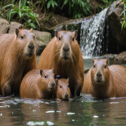 photo of a family of capybaras, chilling in water under a waterfall, water drips on the head