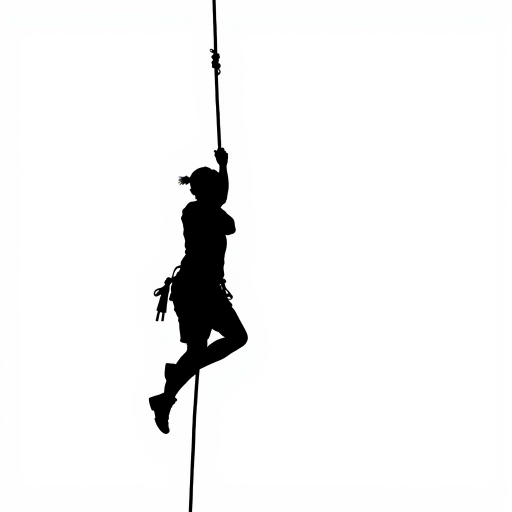 Create a minimalist silhouette of a person climbing with a rope, using a clean white background, high resolution, shot with a Canon EOS 5D Mark IV, 50mm lens at f/1.8, ISO 100, in a bright and well-lit environment.