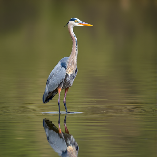A great blue heron standing in calm water with reflections, captured with a DSLR camera, 85mm lens, f/4 aperture, ISO 100, natural lighting, shot from eye level for a sharp focus on the bird and a soft background blur.