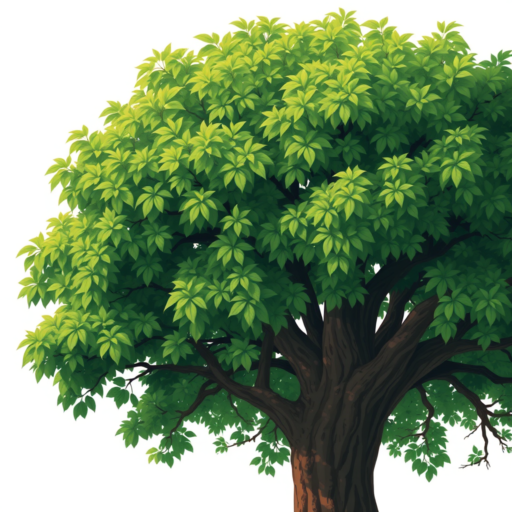 Generate a detailed illustration of a lush green tree with a thick trunk and dense foliage, focus on natural lighting, using a DSLR camera, 50mm lens, aperture f/8, ISO 100, in a well-lit outdoor setting, capturing the vibrancy of leaves and texture of the bark.