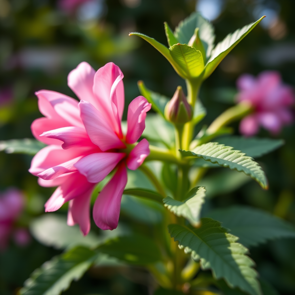 Close-up shot of a blooming pink flower surrounded by green leaves, f/2.8 aperture, 50mm lens, ISO 100, soft focus background, natural morning light.