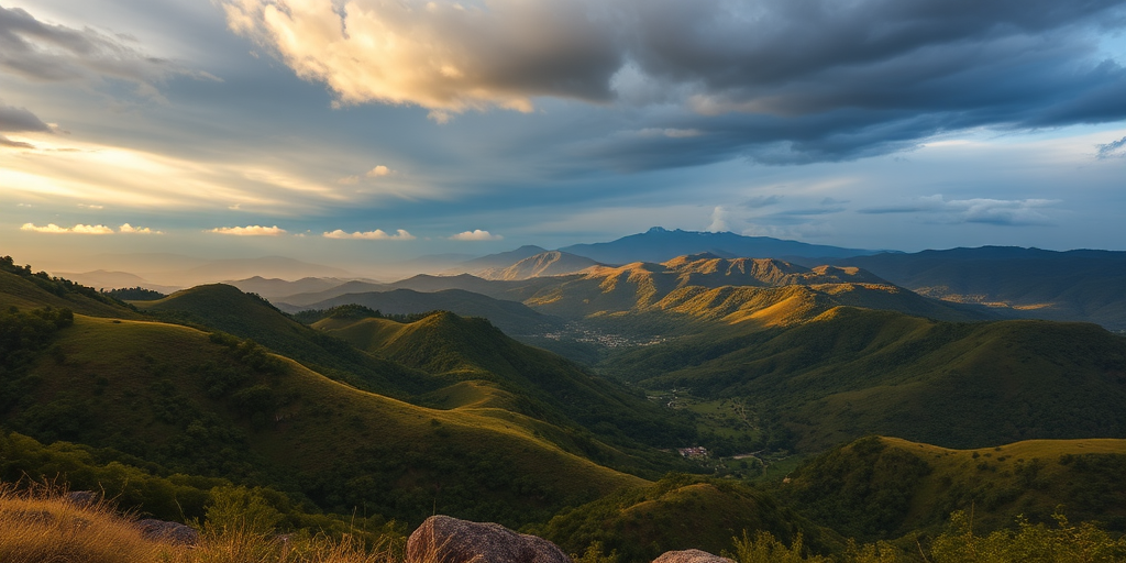 Capture a lush mountainous landscape with rolling hills and a mix of greenery under a dramatic sky, using a DSLR camera with a 24mm lens, aperture set to f/8, ISO 200, and shutter speed of 1/200 seconds, shooting from a high vantage point during golden hour for enhanced lighting and depth.