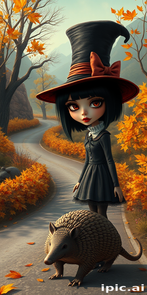 digital art fantasy depicting a strange girl with black hair, long eyelashes, orange lipstick and a tall hat walking along a winding road on an autumn afternoon, an armadillo smiles as he passes