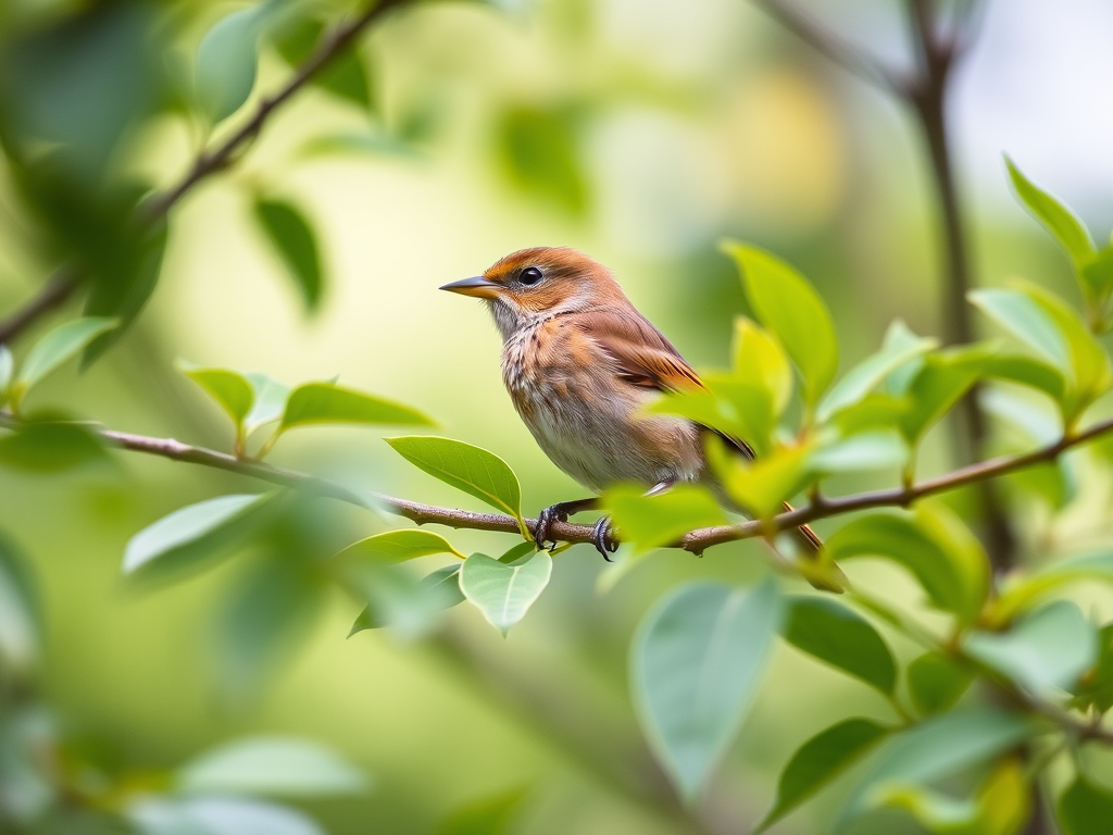 photograph a small brown bird perched on a branch surrounded by green leaves with shallow depth of field, aperture f/2.8, ISO 200, shutter speed 1/500s, taken from a side angle using a DSLR camera in natural light settings to enhance image quality