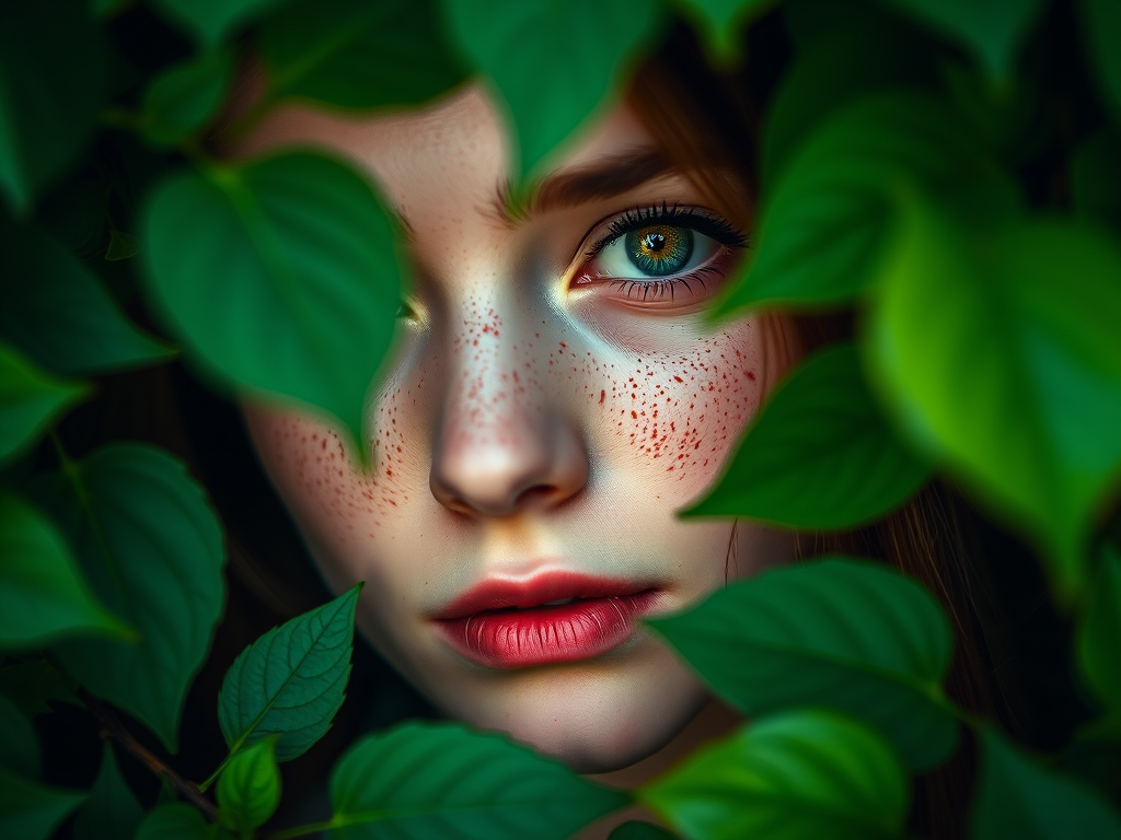 portrait of a young woman with striking green eyes and freckles framed by lush green leaves, shot with a Canon EOS R5, 85mm f/1.2 lens, aperture f/2.8, ISO 100, natural light, shallow depth of field, close-up view