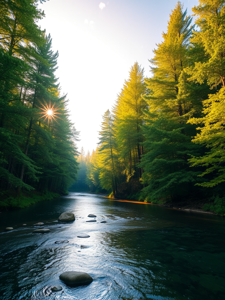 Create an image of a serene, sunlit forest scene with a clear, gently flowing river. Tall trees with lush green foliage line both sides of the river, their leaves bathed in the warm golden light of the setting or rising sun. The sunlight filters through the trees, casting soft, dappled light on the river, which flows over smooth rocks and pebbles, creating a peaceful, natural atmosphere. The sky is bright with a few scattered clouds, and the overall mood is tranquil, evoking a deep sense of connection with nature. The image captures the beauty of a calm, pristine forest landscape at either dawn or dusk.