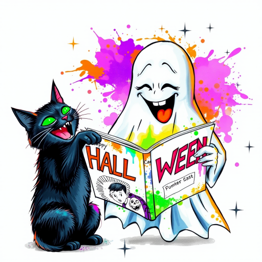 Image of a ghost and a black cat laughing exaggeratedly , and reading a comic halloween comic book, alcohol ink airbrush style, funny halloween theme, white background with neon purple, neon orange, neon green splash, black sparkles stars , dazzling BG