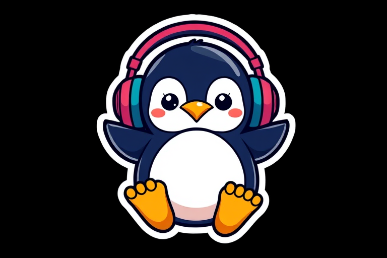 this photo is sticker, Happy Colorful Penguin wearing Headphones, kawaii, contour, vector, black background