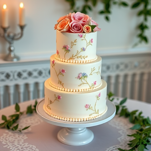 A beautifully decorated layered cake on an elegant display stand. The cake has three tiers, each covered in smooth, pastel-colored frosting, with delicate floral patterns and edible gold accents. The top tier is adorned with fresh flowers like roses and peonies, adding a touch of elegance. The setting is a vintage-style table with lace and greenery, creating a luxurious yet cozy atmosphere. Soft, warm lighting enhances the cake's details, giving it a dreamy and enchanting look, perfect for a special celebration or wedding.