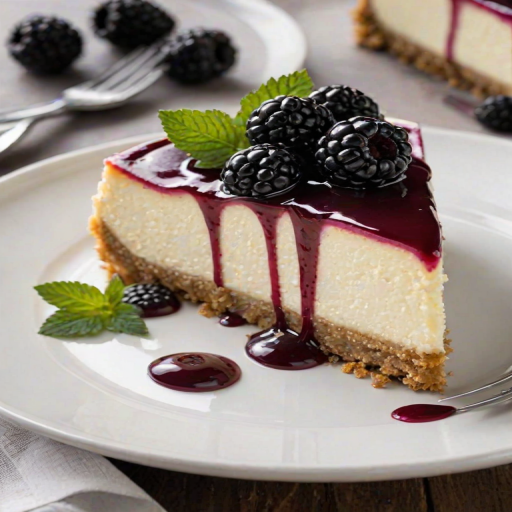 Create an image of a slice of cheesecake topped with a glossy blackberry sauce and fresh blackberries. The cheesecake has a smooth, creamy texture and a crumbly graham cracker crust. The background should be simple and elegant, highlighting the dessert.