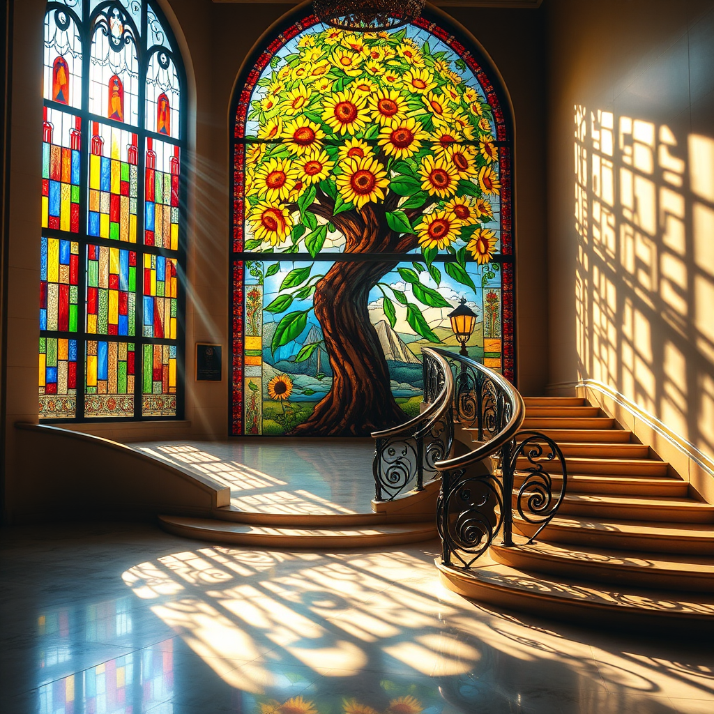 A stained glass window featuring a large, vibrant tree with blooming sunflowers as its focal point. The sunlight passes through the glass, casting multicolored shadows across the floor and a grand, curved staircase with ornate iron railings. The overall ambiance is warm, with golden sunlight enhancing the vivid colors of the stained glass, creating a serene and artistic atmosphere in a spacious room with polished marble floors. The scene is elegant and peaceful, with a blend of nature and architectural beauty.