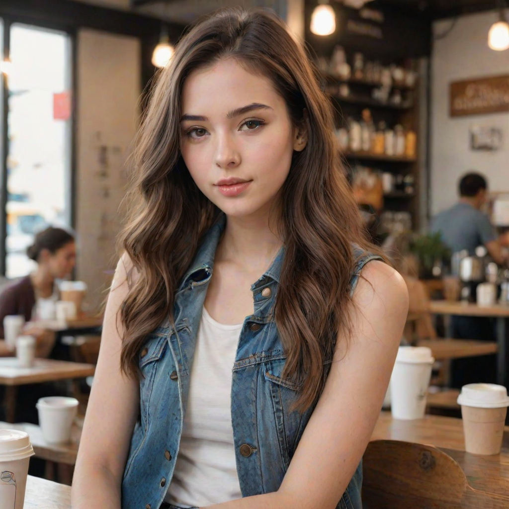 score_9, score_8_up, score_8, score_7_up, score_7, score_6_up, score_6, score_5_up, score_5,  21 year old 1girl, beautiful face, cute girl, gorgeous, supermodel, dark brown eyes, shoulder-length straight hair, parted in the middle, furry denim jacket, white tank top, makeup. Pale smooth Skin, coffee shop blurry background.