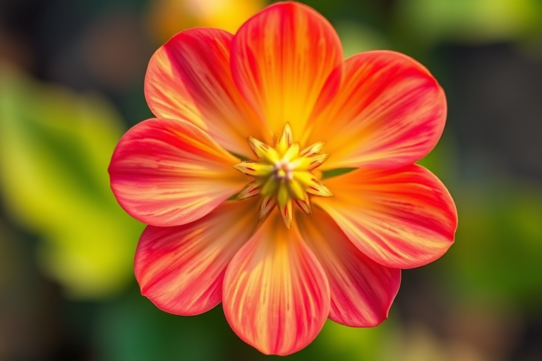 Create a vibrant and detailed illustration of a stylized flower with six petals, using a soft-focus lens effect for a dreamy aesthetic, shot from a top-down perspective at f/2.8 aperture, ISO 100, 50mm prime lens, digital art style.