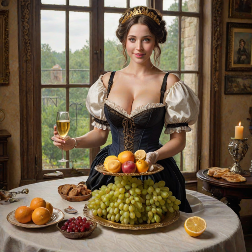 intricate details, masterpiece, best quality full body photo of insanely sensual woman, textured skin, blue eyes, (large natural breasts:1.1), cleavage, (holding a golden platter with grapes, apples, lemon, orange slice:1.1), glasses of champagne, glasses of wines, tan lines, smiling, victorian, corset, tail, black hair, bread, breasts, brown hair, candle, cleavage, dress, fire, food, gloves, grapes, indoors, large breasts, lips, looking at viewer, maid, maid headdress,  pancake, puffy sleeves,  short hair, solo, table,  window
