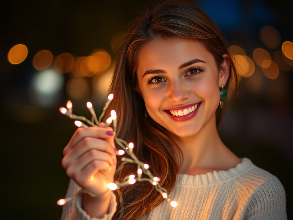 portrait of a young woman holding fairy lights at night, shallow depth of field, ISO 800, f/1.8, 50mm lens, soft bokeh background, natural light with warm tones, capturing a joyful expression