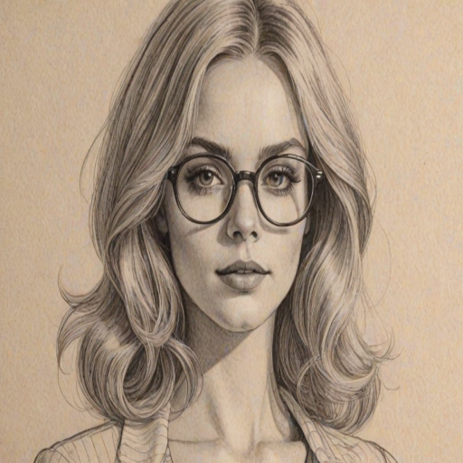 Bewitching Alyvia Alyn Lind, pencil sketch, portrait of Enchanting woman 1970s in glasses, hair style beatnik, outline, clear lines, fine lines, 8k
