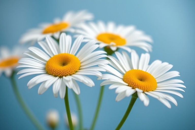 Create an image of white daisies with yellow centers against a soft blue background, using a macro lens with a shallow depth of field, aperture f/2.8, ISO 100, focal length 50mm, taken with a DSLR camera positioned at eye level to capture intricate details and vibrant colors.