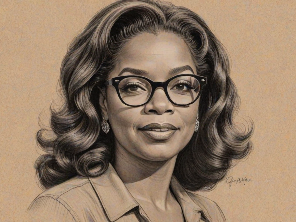 Pleasing Oprah Winfrey, pencil sketch, portrait of Gorgeous woman 1940s in glasses, hair style beatnik, outline, clear lines, fine lines, 8k