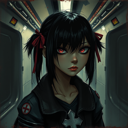 Darkness, horror, creepy, Impressionist Anime painting, metro 2033, disease, mine - type, mass - produced type, cross, slanted eyes, thick coating, twintails, ribbon, black hair, pink eyes, on metro station interior, horror movie atmosphere, dramatic light atmosphere, by Malcolm Liepke, Casey Baugh, jujin ito, and Nick Alm