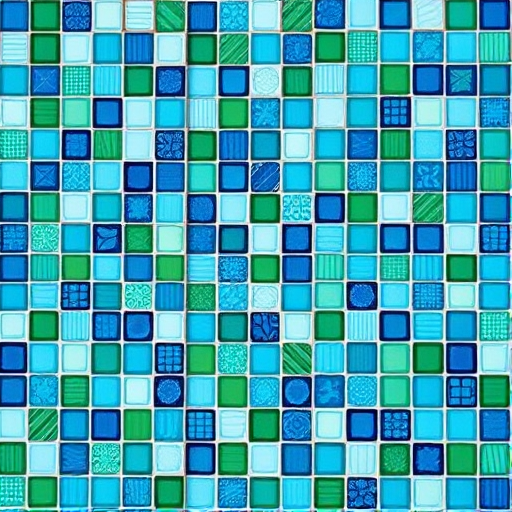 Create a vibrant, tiled mosaic pattern featuring various shades of blue and green with a seamless, uniform layout, captured with a Canon EOS 5D Mark IV using a 50mm f/1.8 lens at f/8, ISO 100, in a top-down view with a soft focus for added depth.