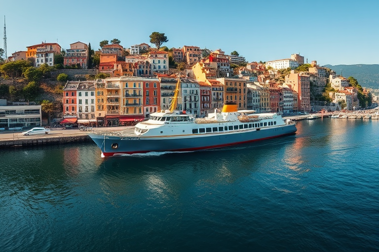 A large ship sailing in a calm harbor surrounded by colorful buildings on a hillside, shot with a DSLR camera at 50mm aperture f/8, ISO 100, with a panoramic view and vibrant colors in natural light.